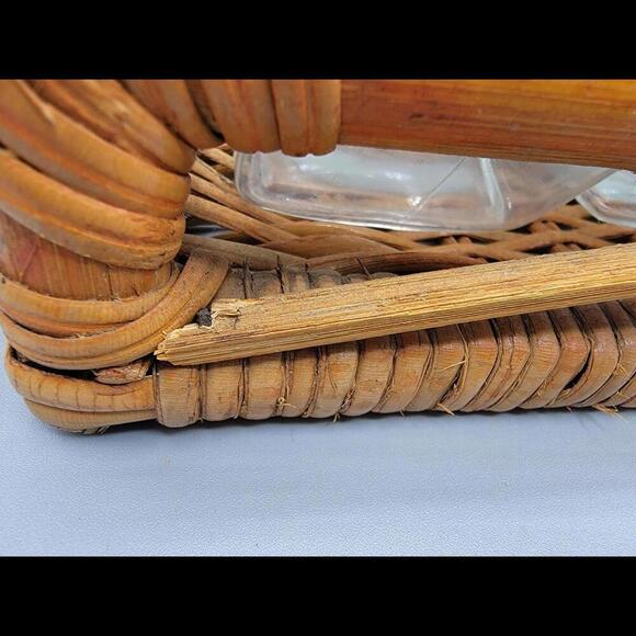 Vintage Retro Set of 3 Tea, Coffee, and Sugar Canisters w/ wicker basket holder - Picture 5 of 8